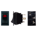 SWITCH BALANCÍN TIPO PESADO 1 GOLPE ON-OFF 3P TECLA RECTANGULAR NEGRA PILOTO ROJO 12V-20AMP 4.3X2.5CM