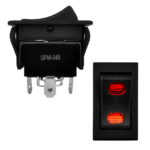 SWITCH BALANCÍN TIPO PESADO 2 GOLPES ON-OFF-ON 4P TECLA RECTANGULAR NEGRA PILOTO ROJO-AMARILLO 12V-24V 20AMP 4.3X2.5CM